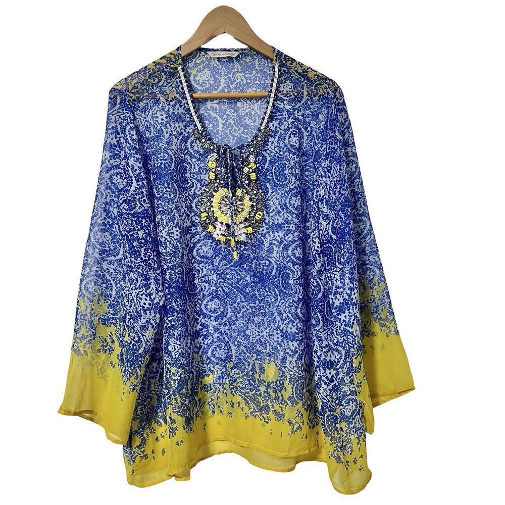 Soft Surroundings Beaded Tunic Top Size 1X‎ Blue Yellow Sheer Tie Front Shirt